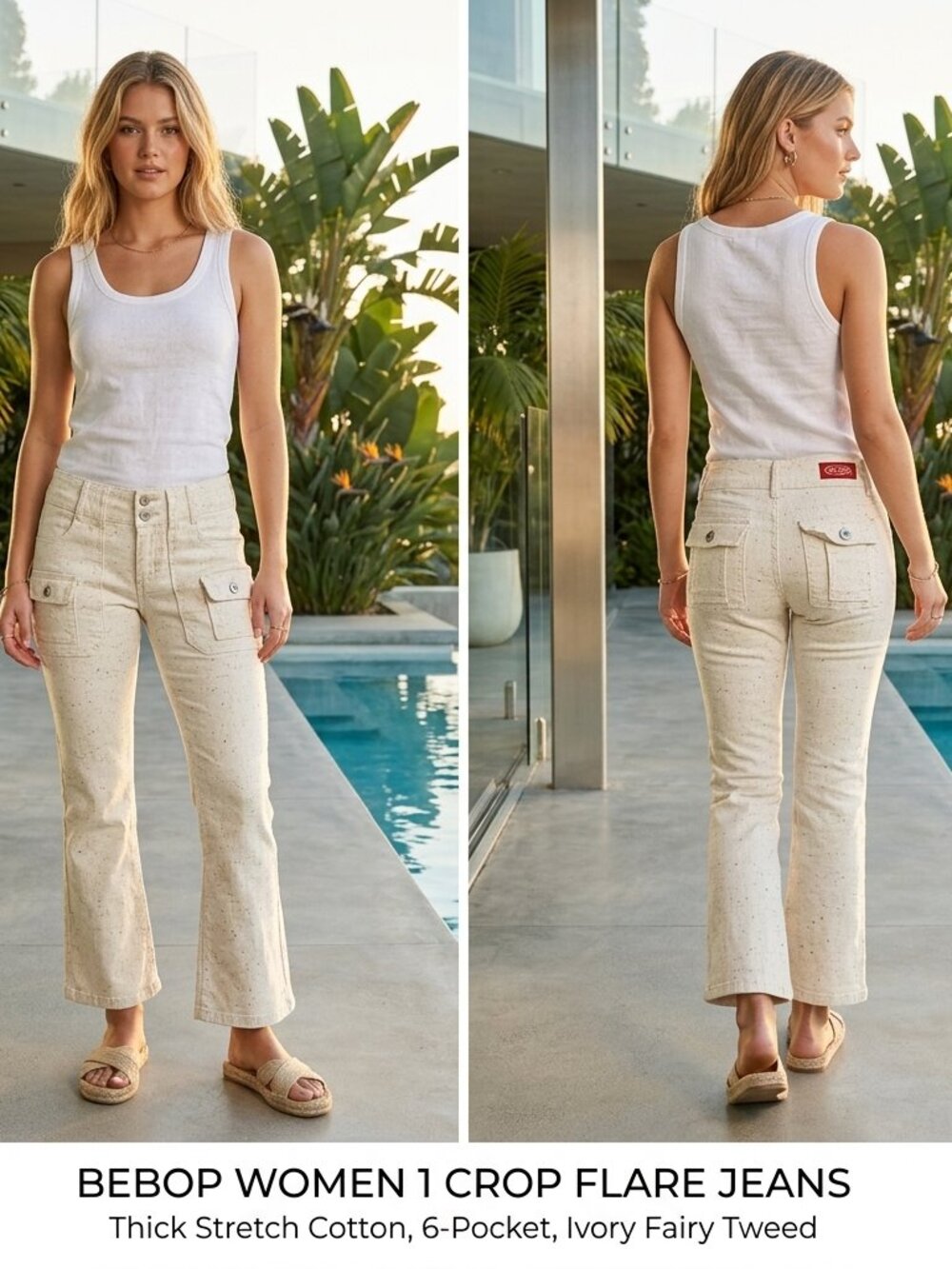 NWOT BeBop Women 1 Crop Flared Jeans Thick Stretch Cotton 6-Pocket Ivory Fairy